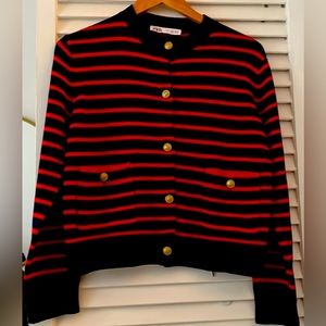 Zara cardigan large L red blue stripe gold buttons Christmas sweater